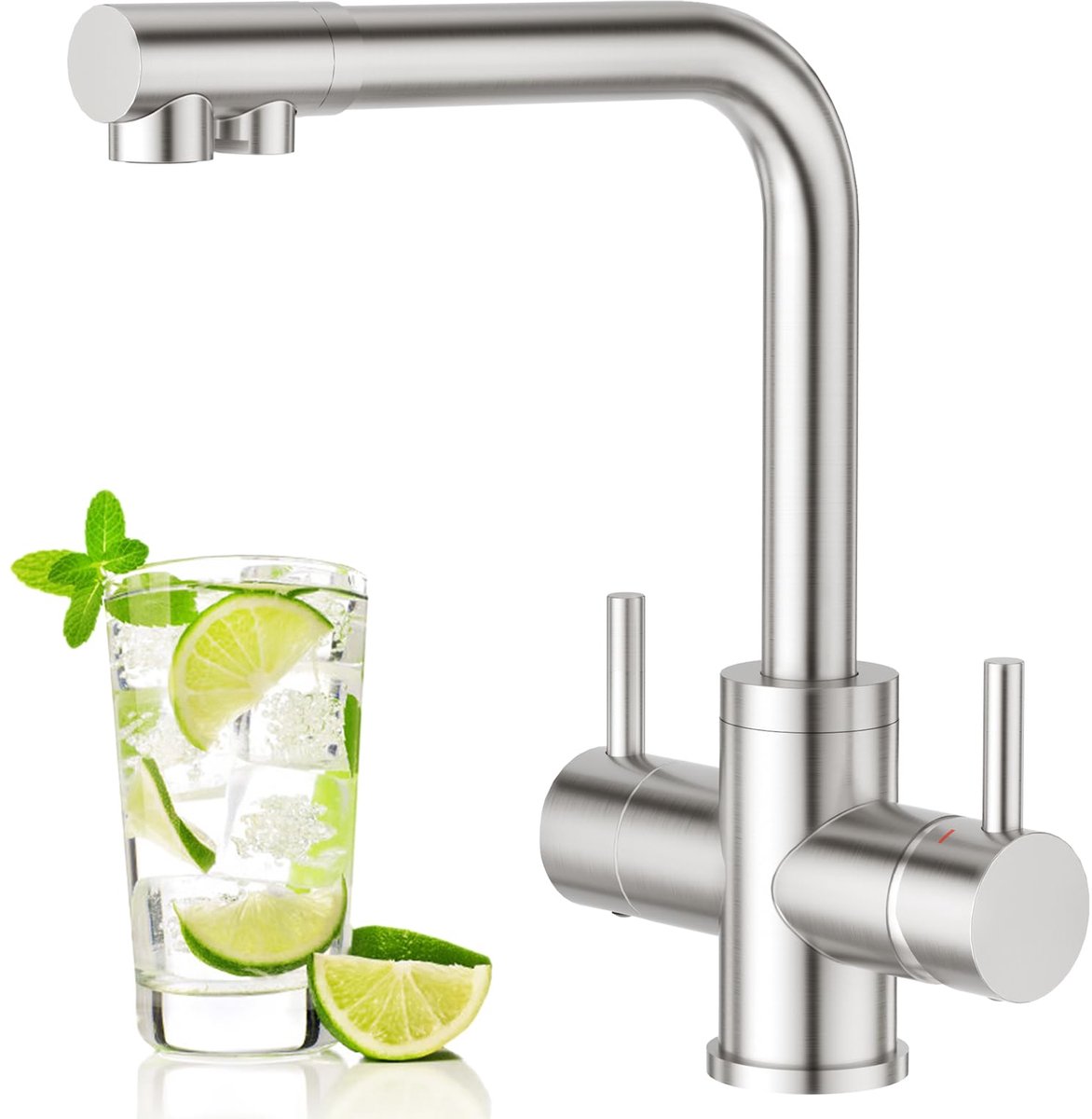 Dailygoods - 4 Weg Keukenkraan met Dubbele Hendel en Drinkwater Kraan - Roestvrij Staal