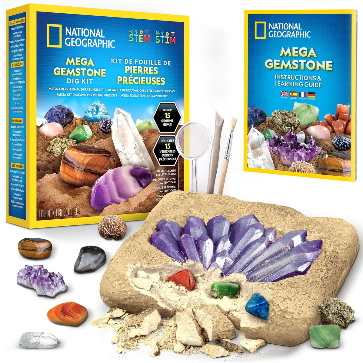 Dailygoods- Opgravingskit Mega Edelstenen - 15 Natuurlijke Edelstenen - Archeologisch Gereedschap - Wetenschapsset voor Kinderen - Cadeau voor Jongens/Meisjes - Mineralen Verzameling - Edelstenen Set