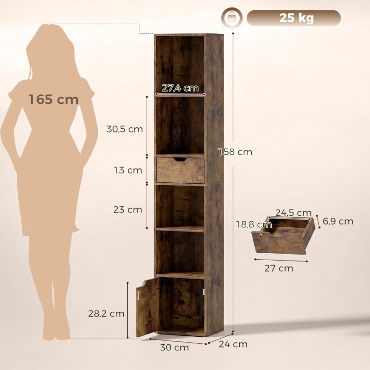COVREO Boekenkast 30 x 24 x 158 cm rustic brown, spaanplaat, met lade