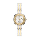 Een Fossil dameshorloge met een zilverkleurige wijzerplaat, gouden accenten en een tweekleurige (zilver en goudkleurige) band.