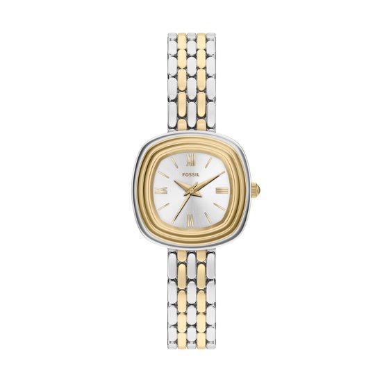Een Fossil dameshorloge met een zilverkleurige wijzerplaat, gouden accenten en een tweekleurige (zilver en goudkleurige) band.