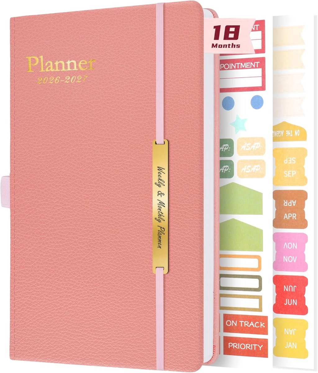 2026 2027 Dagboek met zachte lederen omslag per pagina Werkplanners Notebook (roze)