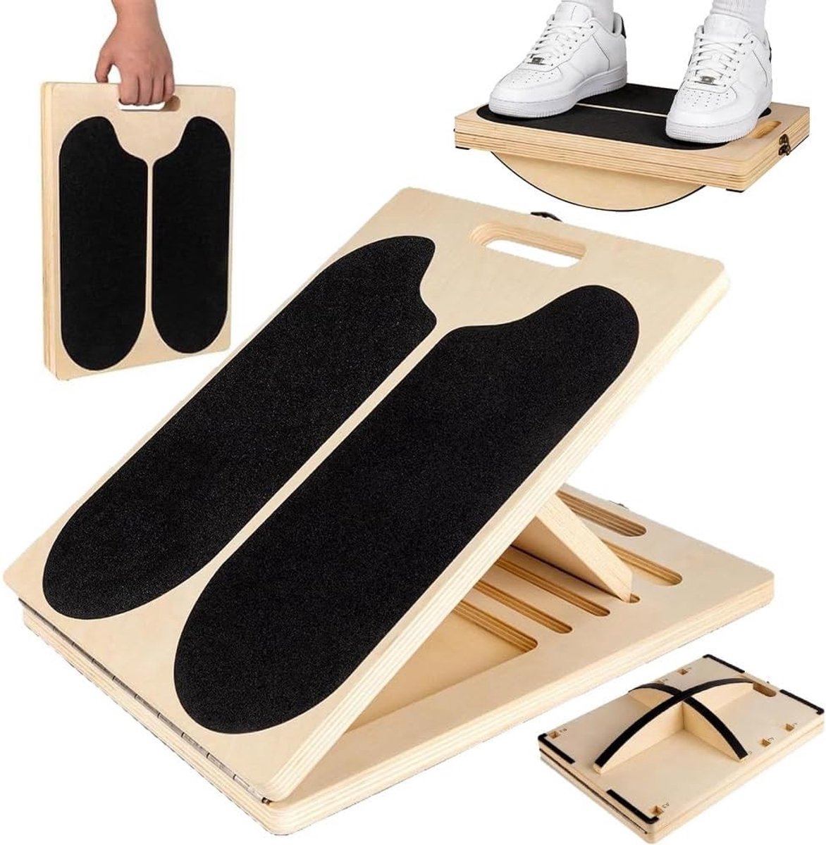 2-in-1 Kuitstretcher en Balansboard voor Volwassenen - Antislip Houten Plank voor Evenwichtstraining en Stretchoefeningen met Draaggreep