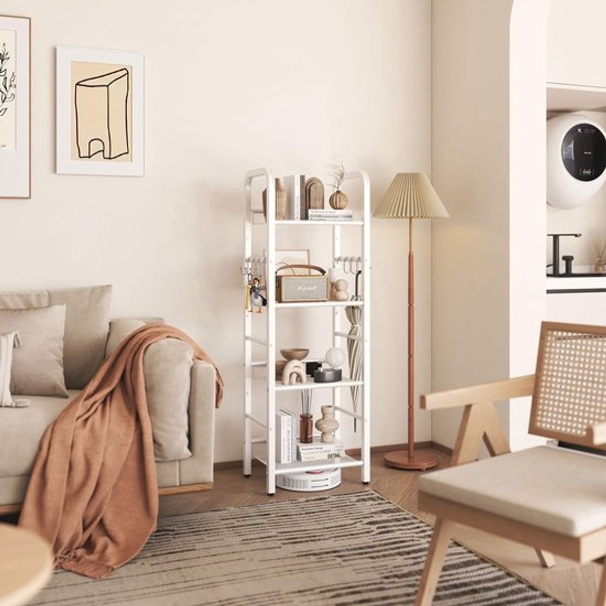 YMYNY HBC054W Boekenkast, opbergrek met 4 niveaus, 8 stuks S-haken, metalen frame, vrijstaand, minimalistische stijl, organizer voor woonkamer, thuiskantoor, slaapkamer, badkamer, wit