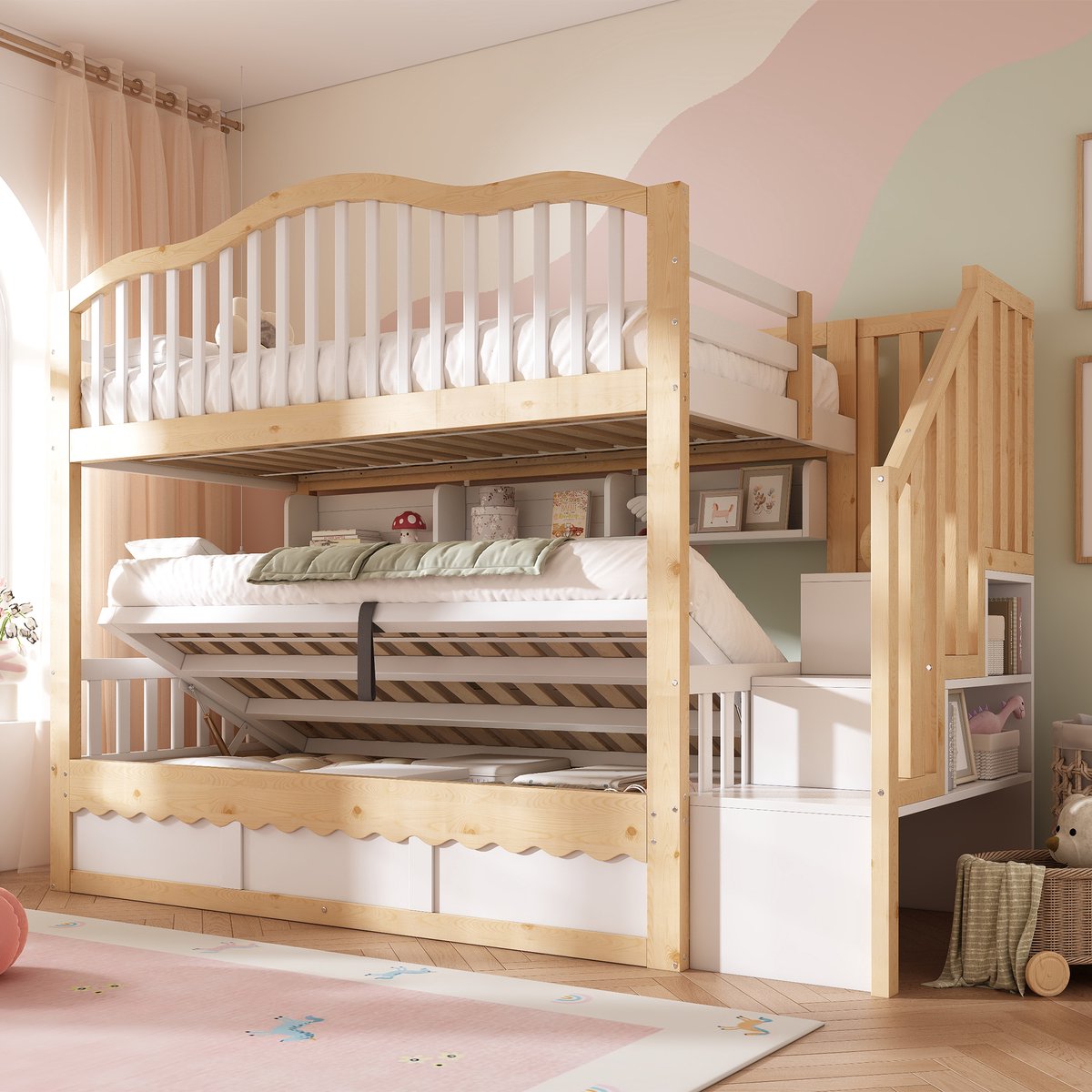 Merax 90x200cm stapelbed met opbergruimte - kinderbed met veilige trap en boekenplank - wit en houtkleur - zonder matras