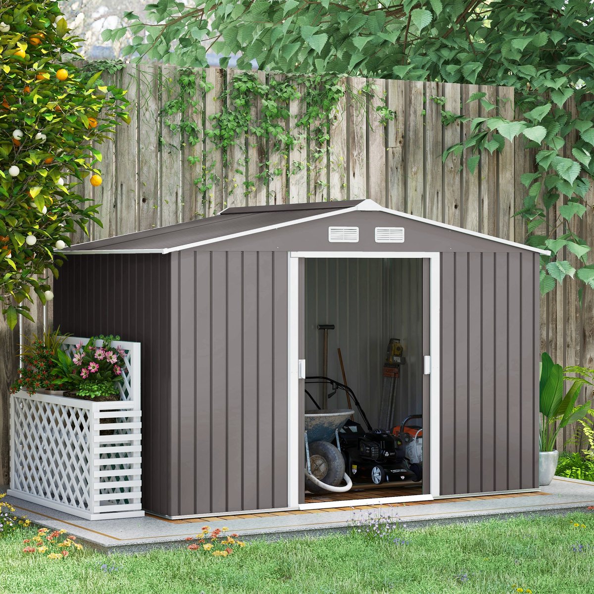 COVREO Gereedschapsschuur 277x195x192 cm grijs metaal, voor tuinopslag