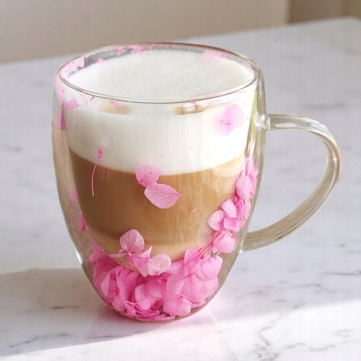 Glazen Mok met Hortensia 300ml - Thermisch & Stijlvol Roze