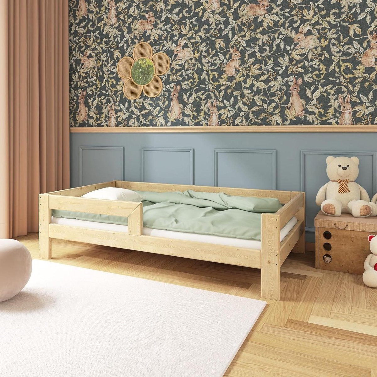 Kinderbed met valbeveiliging - Juniorbed peuterbed - Veilig slapen - Laag bij de grond - 90x200 cm - Natuurhout