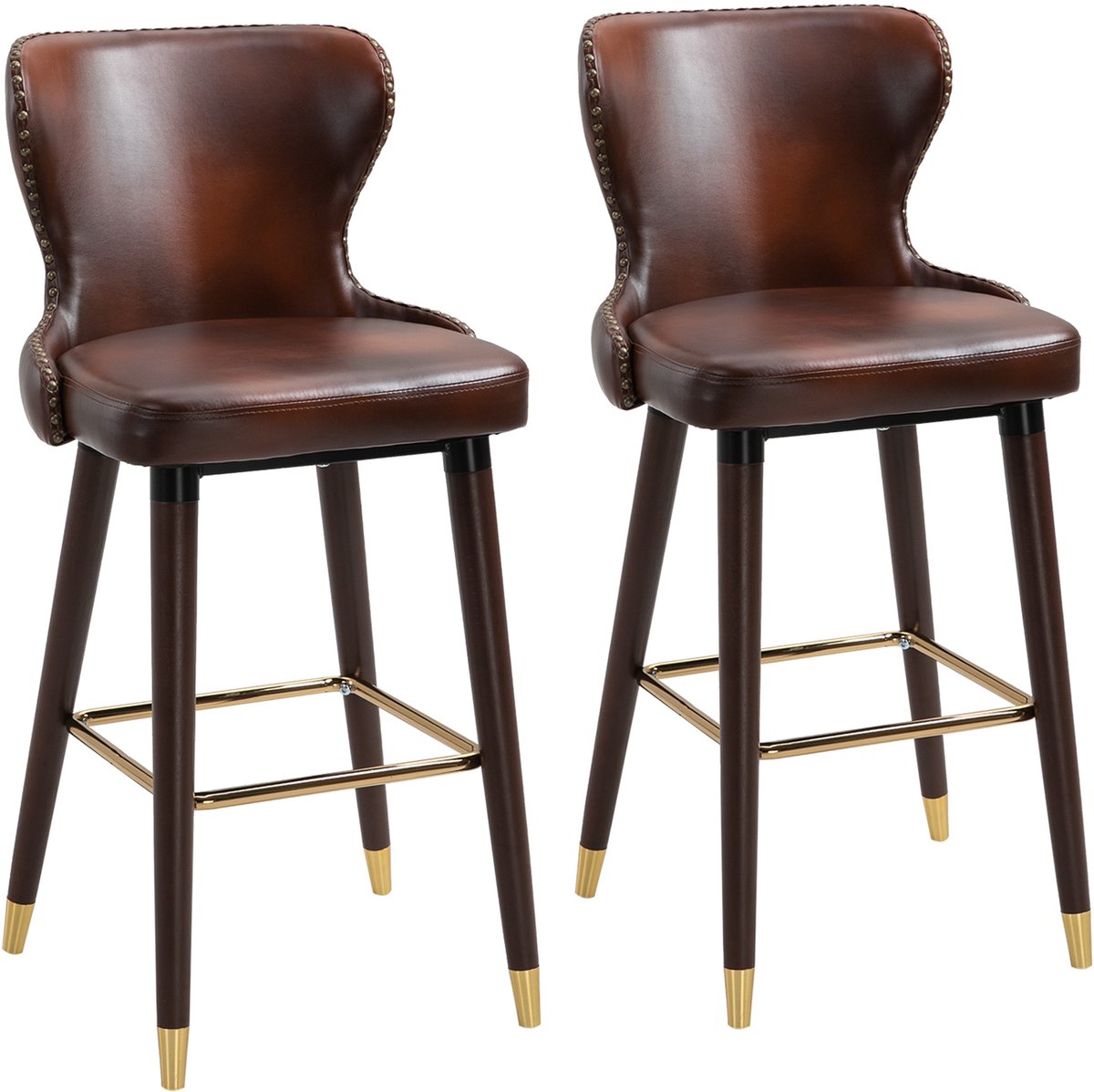 Clruro Barkruk Set van 2 - 52 x 53 x 101 cm - Bistro met Rug en Voetsteun - Kunstleer/Hout - Bruin