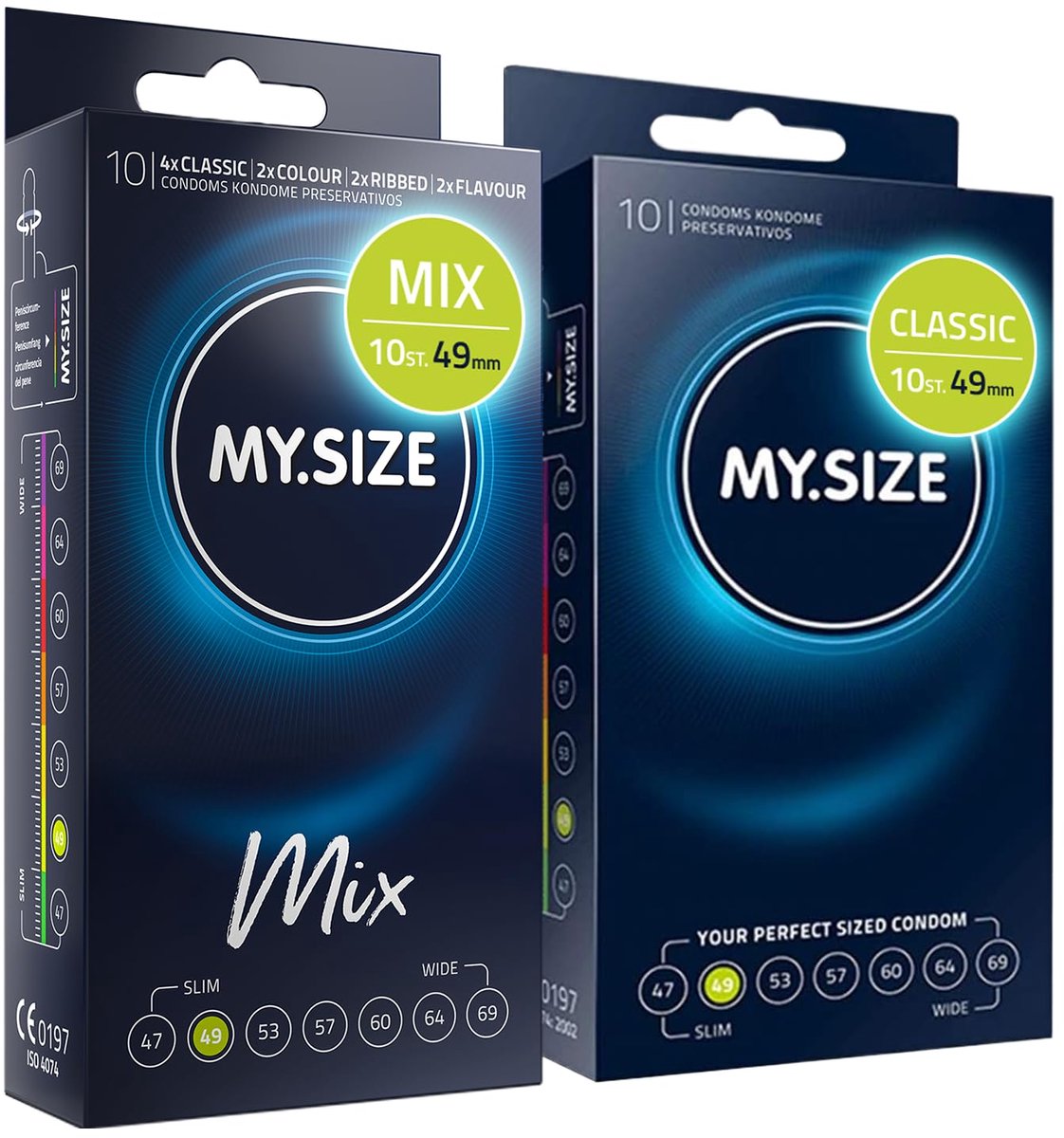 MY.SIZE Mix SET Maat 2, 49 mm: 10 Classic + 10 Condooms in 4 spannende soorten, met aroma, kleur, geribbeld & Classic