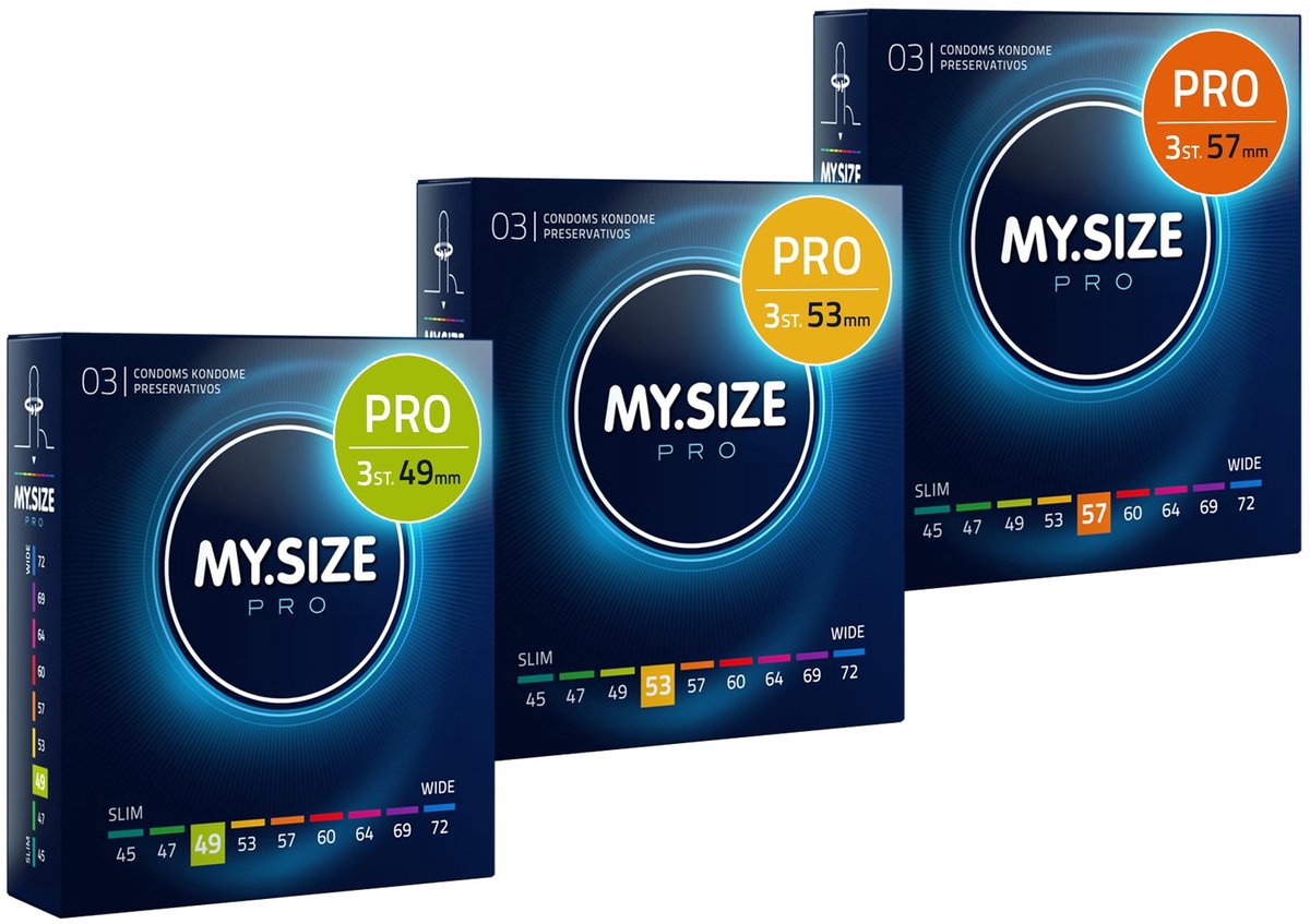 MY.SIZE PRO condoom maat 2,3,4-49,53,57 mm, 3x3 condooms - pasvorm en een geschikte maat voor iedereen