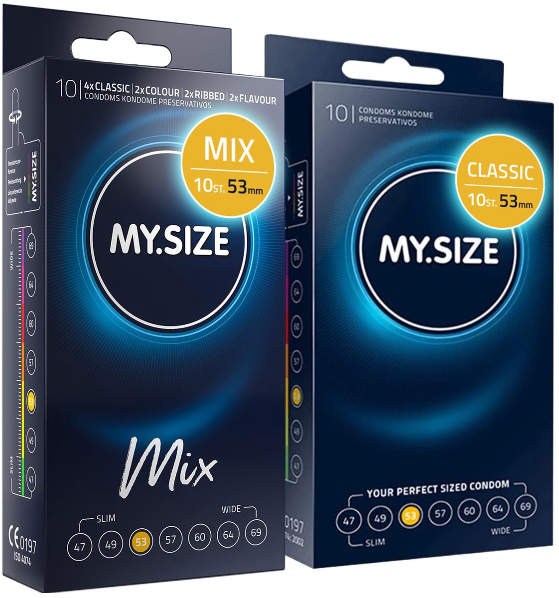 MY.SIZE Mix SET Maat 3, 53 mm: 10 Classic + 10 Condooms in 4 spannende soorten, met aroma, kleur, genopt & Classic