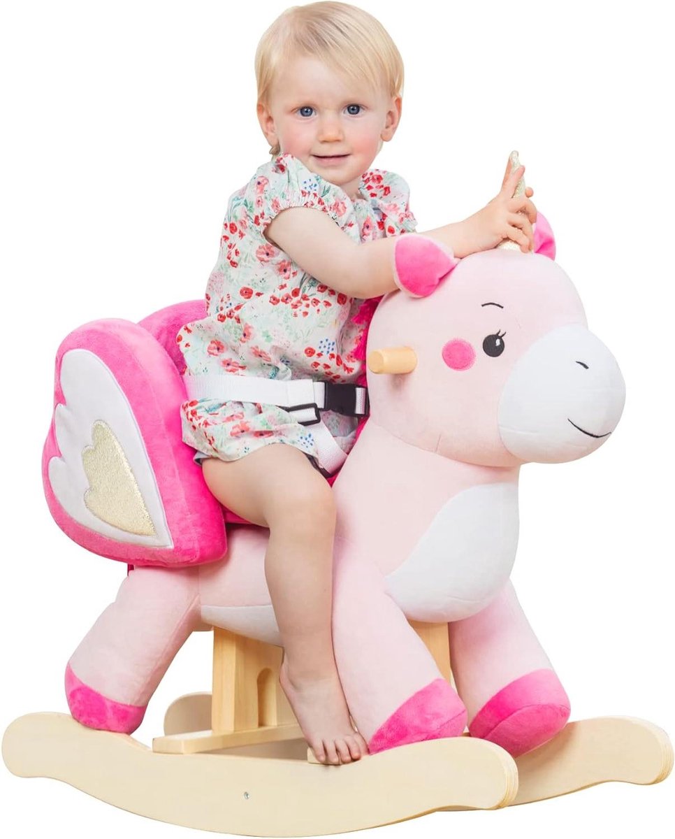 Houten Hobbelpaard Eenhoorn voor Baby's van 1-12 Jaar - Schommel speelgoed voor Binnen en Buiten, Roze