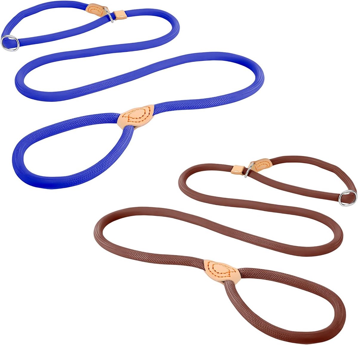 Hondenriem set - 2 stuks - verstelbare hondenriem voor grote en middelgrote honden - robuuste 6 mm x 150 cm - ronde lijn - multifunctionele hondenriem met karabijnhaak (koffiebruin + blauw)