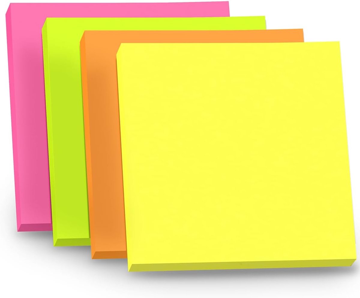 Zelfklevende notities, herbruikbaar, 4 blokken met elk 100 sticky noten, vierkant, 75 x 75 mm, 4 neonkleuren