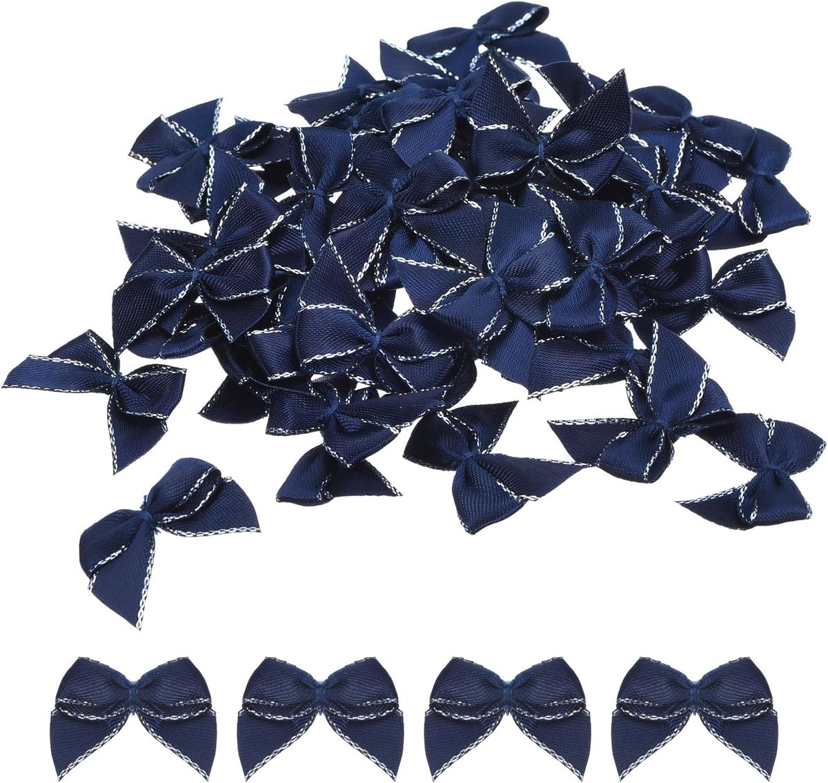 100 stuks mini-strikken, satijnen linten, 2,5 cm, metalen rand, bloemen, zachte strikken, handwerk, haarstrikken, naaien, bruiloft, verjaardag, rand, zilver-marineblauw