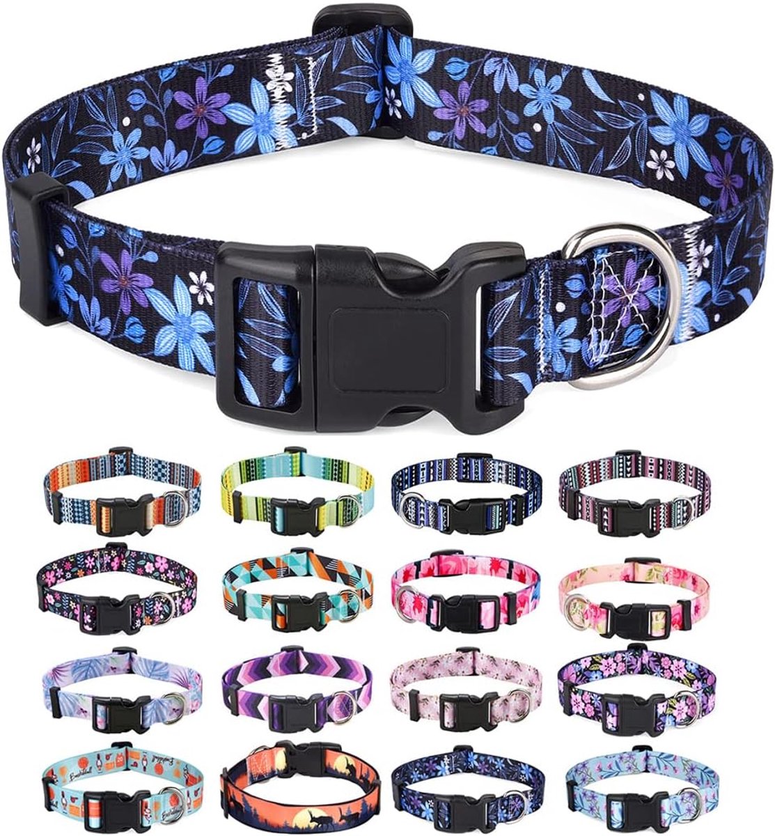Zachte halsband voor honden, met bloemmotieven, verstelbaar, voor kleine, middelgrote of grote honden (blauwe bloemen, XS)