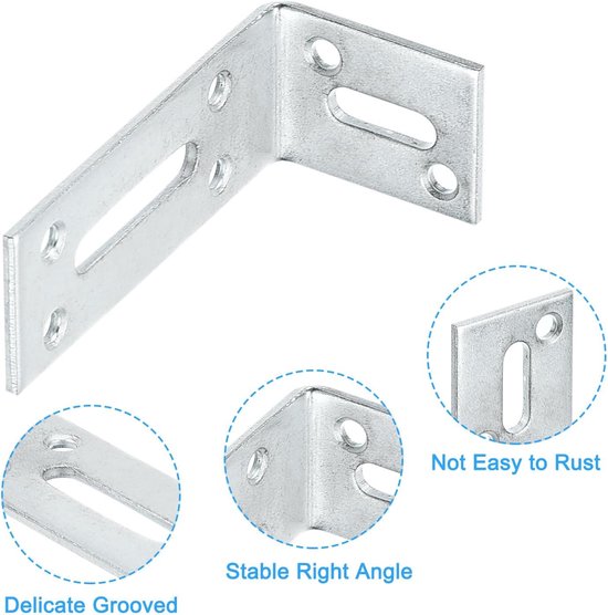 Verstelbare hoekhoek, 2 stuks, 80 x 40 x 30 mm, roestvrij staal, L-hoek 90 graden, versterkte houder met sleuven voor meubelreparatie, kleur zilver — afbeelding 4