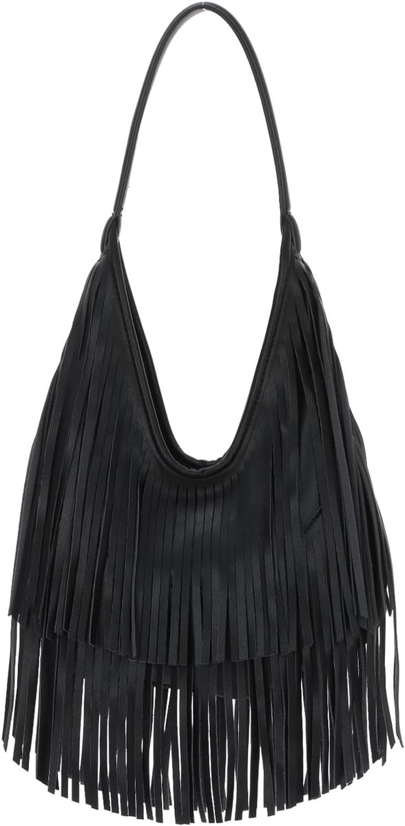 Schoudertas voor dames met tweelaagse franjes van kunstleer, vintage kwasttas, shopper voor dagelijks gebruik, kantoor en vrije tijd, zwart