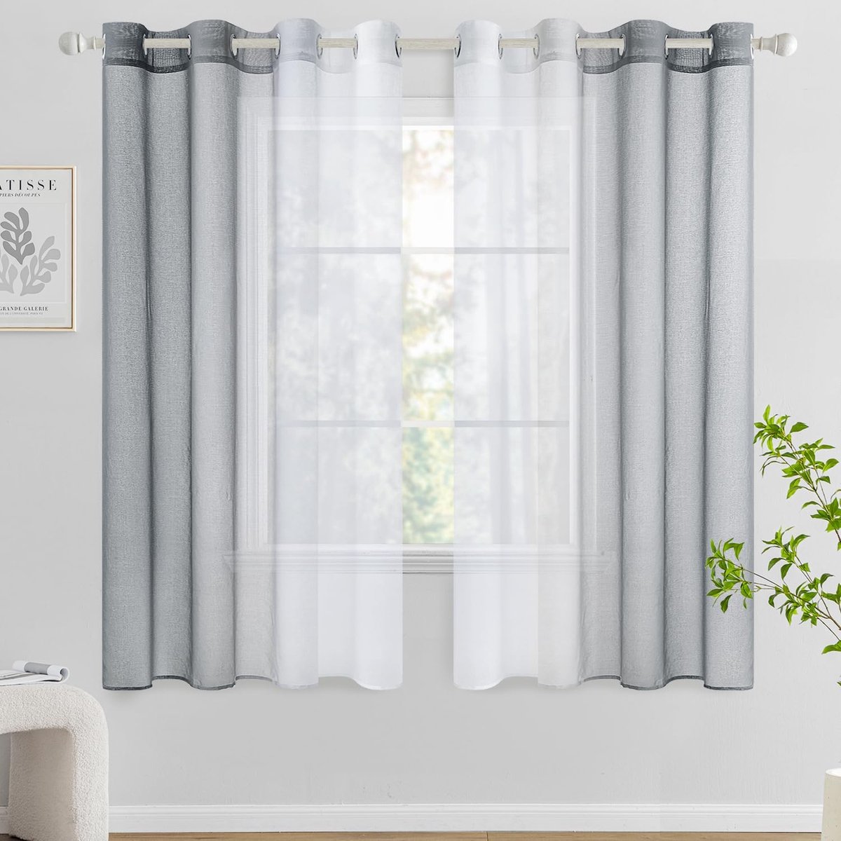 Korte, transparante gordijnen met ringen en kleurverloop, semi-transparant, lichtgewicht, elegant, binnengordijnen voor moderne woonkamer, huis, set van 2, 140x175cm, grijs