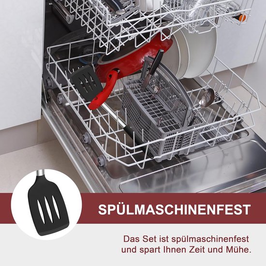 Spatel, kooklepelset, siliconen keukengerei keukenhulp voor koken, kookbestek, kookgerei met roestvrijstalen handgreep, duurzaam en vaatwasmachinebestendig, zwart, 8 stuks — afbeelding 5