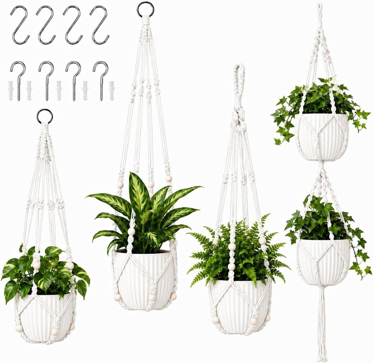 Macramé Plantenhangers - Wit - Handgeweven - Set van 4 met Metalen Haken - Voor Binnenshuis Decoratie