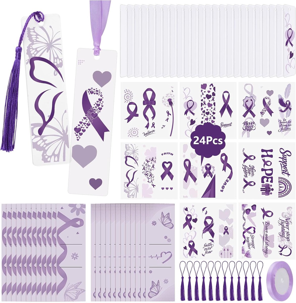 24 stuks paars lint acryl bladwijzer blanco, ziekte van Alzheimer huiselijk geweld bewustzijn UV DTF wrijven op transferstickers met displaykaarten transparante zakken kwastjes, voor