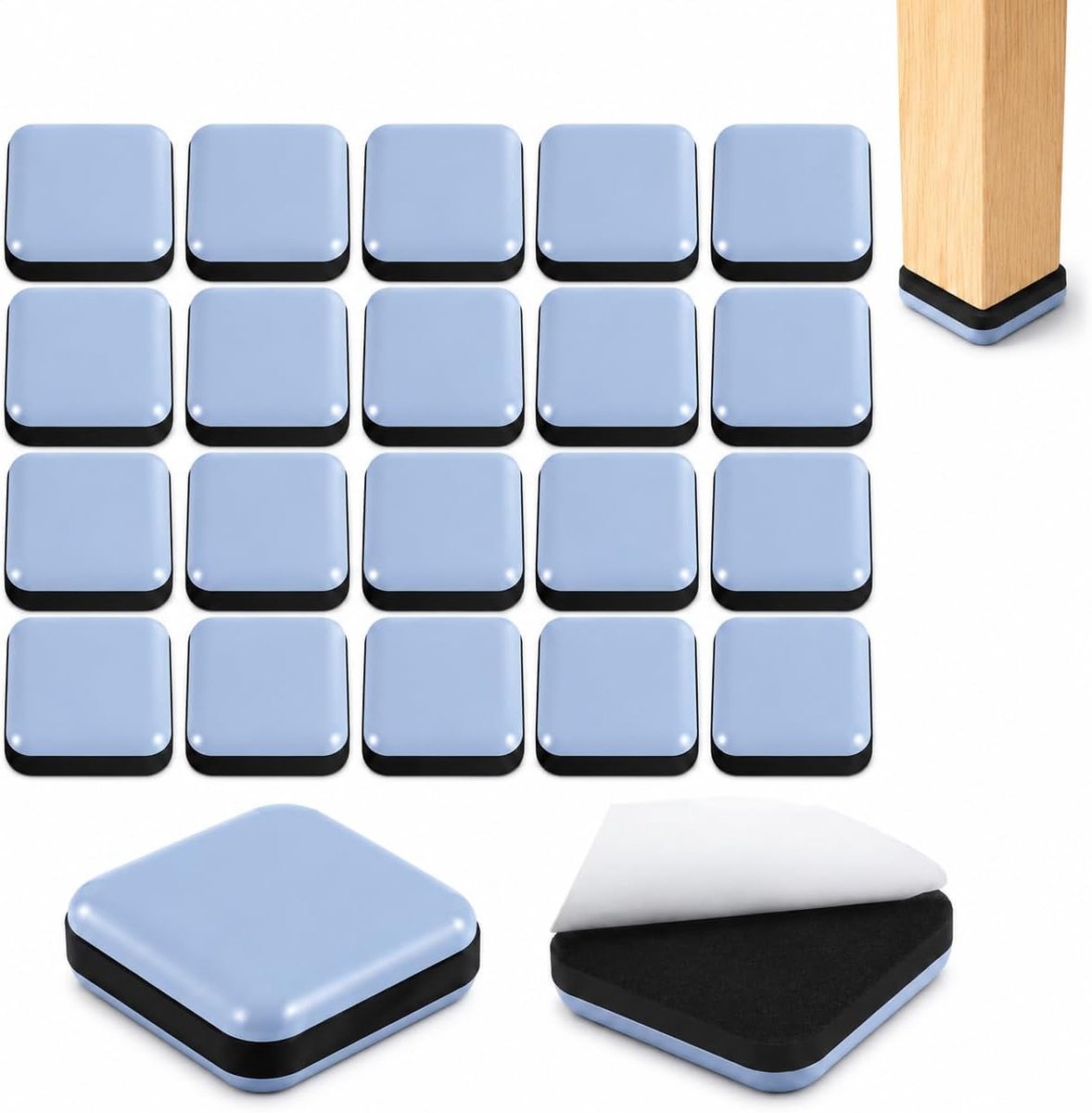 Glijders, zelfklevend, 20 x 20 mm, 20 stuks meubelglijders van PTFE Teflon, meubelglijders voor gladde vloeren en tapijten, stoelglijders, siliconen, parketbescherming
