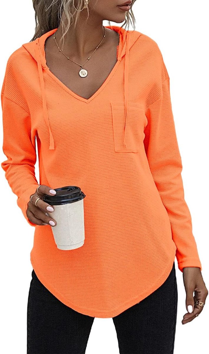 Pullover, dames, hoody, lange mouwen, V-hals, sweatshirt, effen, trekkoord, top