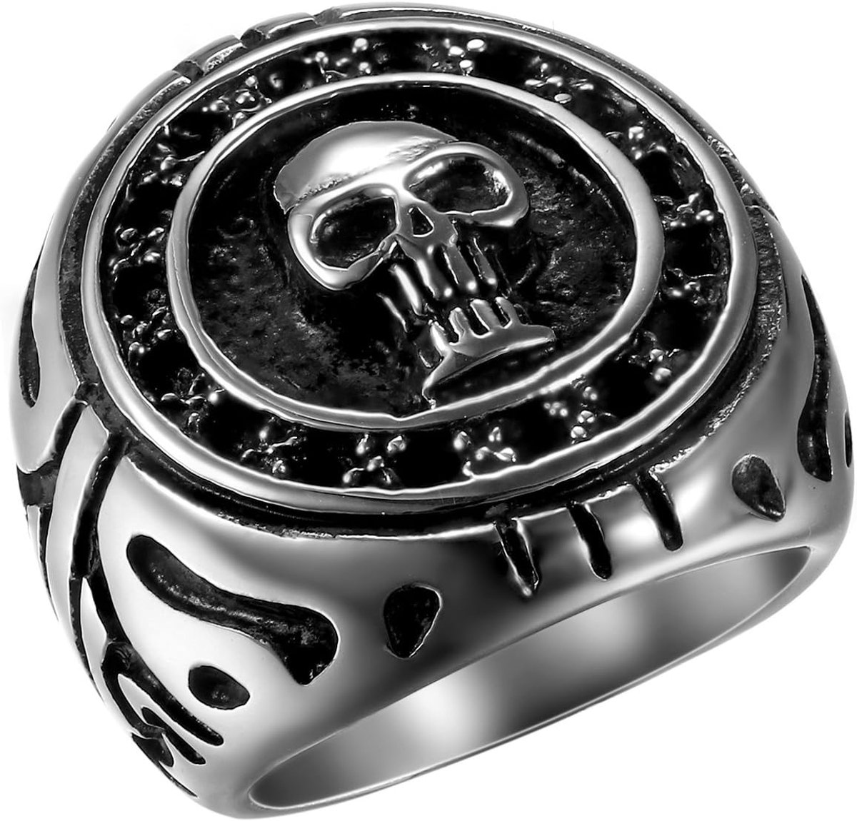 Ringen, zilverkleurig, doodshoofd, schedel, retro, punk, biker, bandring, zegelring, duimring, comfortabel, passende herenaccessoires