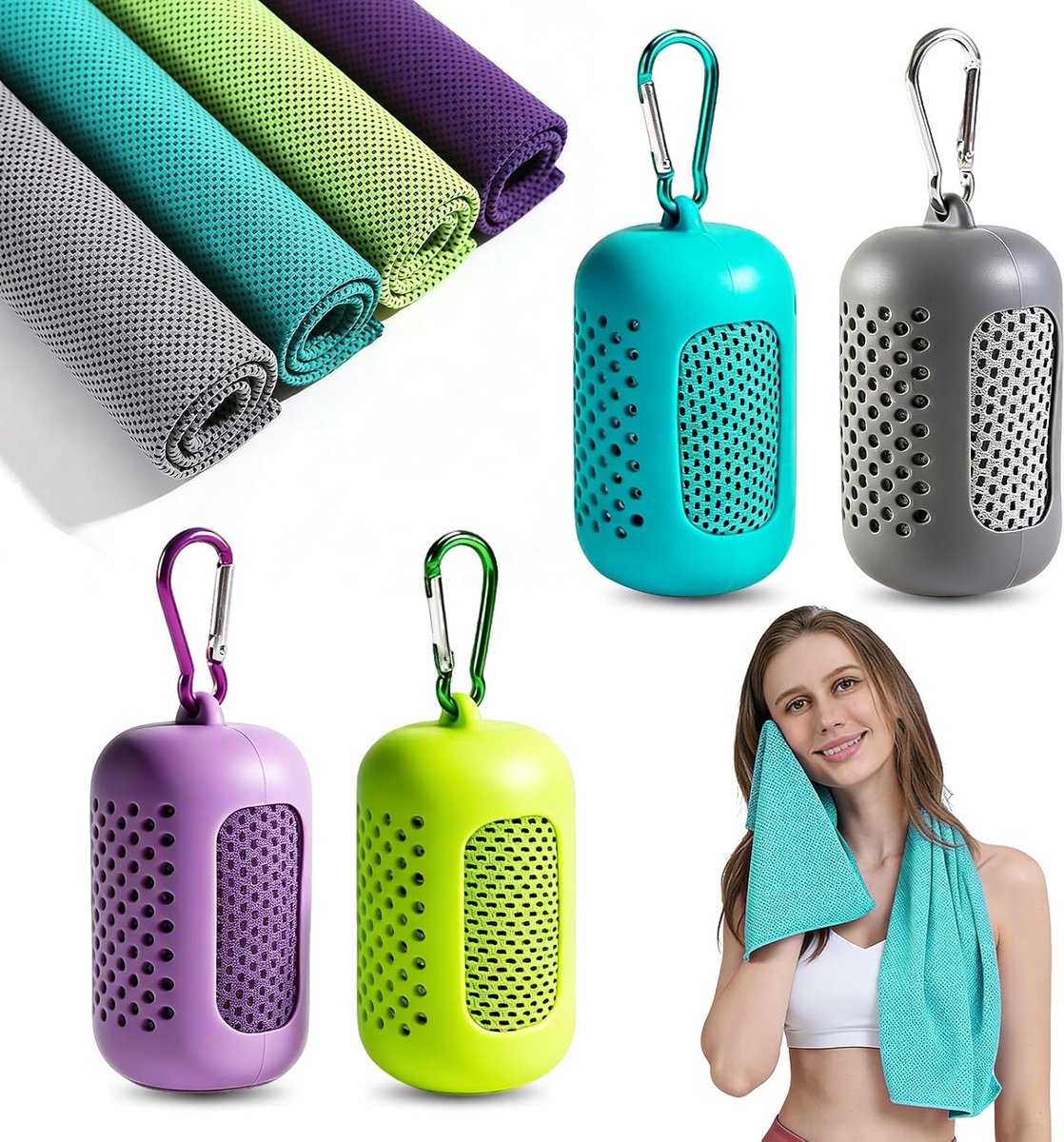 Set 4 Stuks,Cooling Towel Microvezel Sporthanddoek Sneldrogend,Snel Verkoelend door Verdampingskoeling,Koeldoek voor Fitness,Yoga,Hardlopen & Outdoor,30x90 cm met Siliconen Hoes