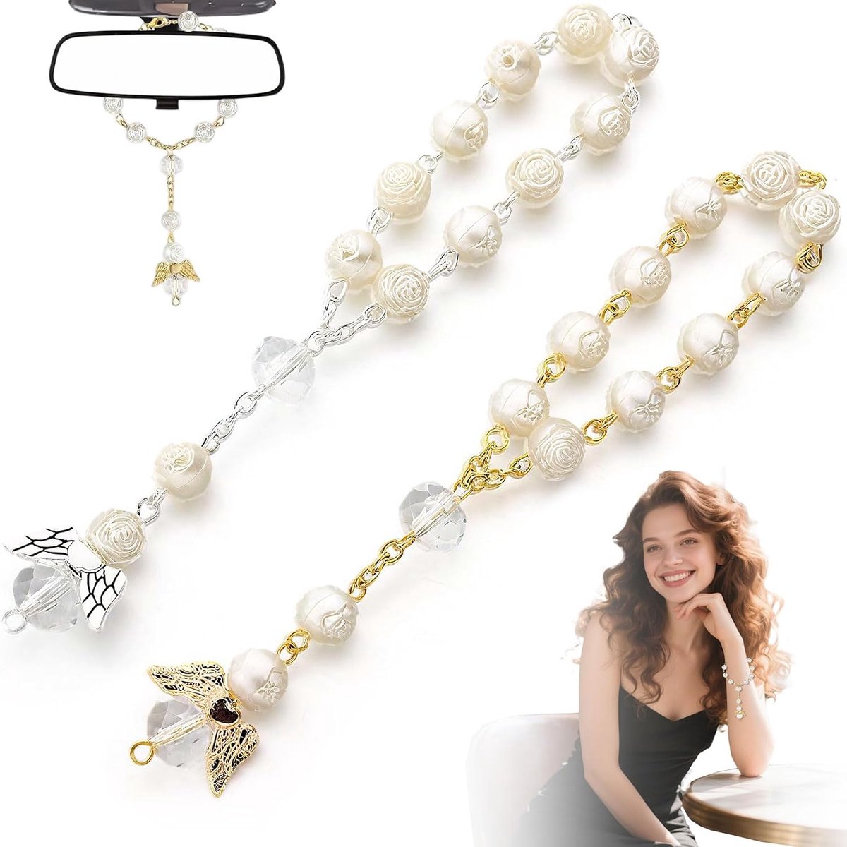 2 Stuks Rozenkrans voor beschermengel, beschermengel geschenk, zilveren beschermengel doopketting, zilveren engel hanger ketting (rijst-wit gouden vleugels, rijst-wit zilveren vleugels)