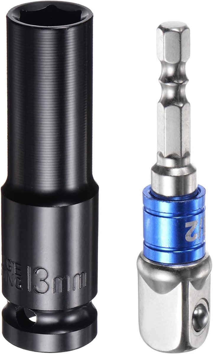 Diepe slagdoppen met 6 punten, aansluiting 1/2 inch, 13 mm, lengte 3 inch, zeskantschacht 1/2 inch, 1/4 inch, elektrolytisch, accessoireset voor zeskantschroeven