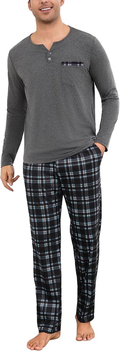 Pyjama voor heren, pyjamaset met lange mouwen, pyjamaset met lange mouwen, zachte loungewear, button-down, effen top en geruite broek met zakken