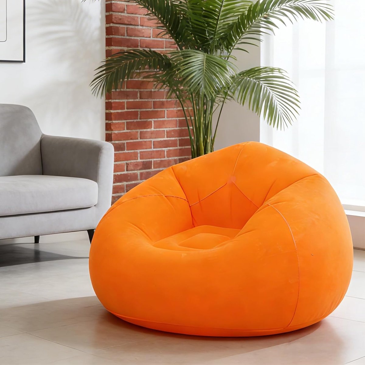 Oranje opblaasbare fauteuil met fluweeloppervlak, opblaasbare luie bank van PVC, rond opblaaszetel 105x105x80 cm voor woonkamer, slaapkamer en camping
