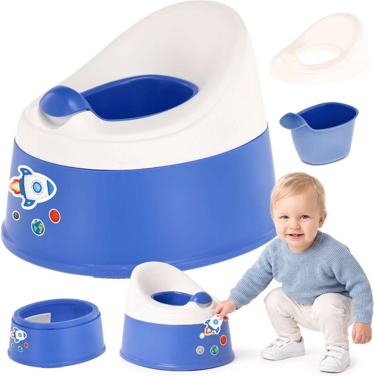 SUN BABY Potje NESTPOT - 18-36 maanden - antislipvoeten, ergonomische rugleuning, verwijderbare inzet, kunststof, tot 15 kg - Blauw-Wit + sticker Raket