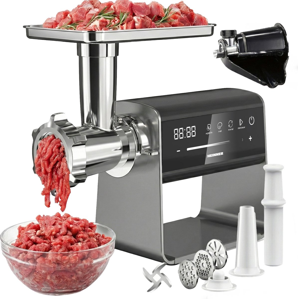 Heinner ExquisiteForce Vleesmolen 2500 W – DC-motor – Variabele Snelheid – Touchbediening – Planetair Tandwielsysteem – 2,5 kg/min – Reversefunctie – Roestvrij Staal