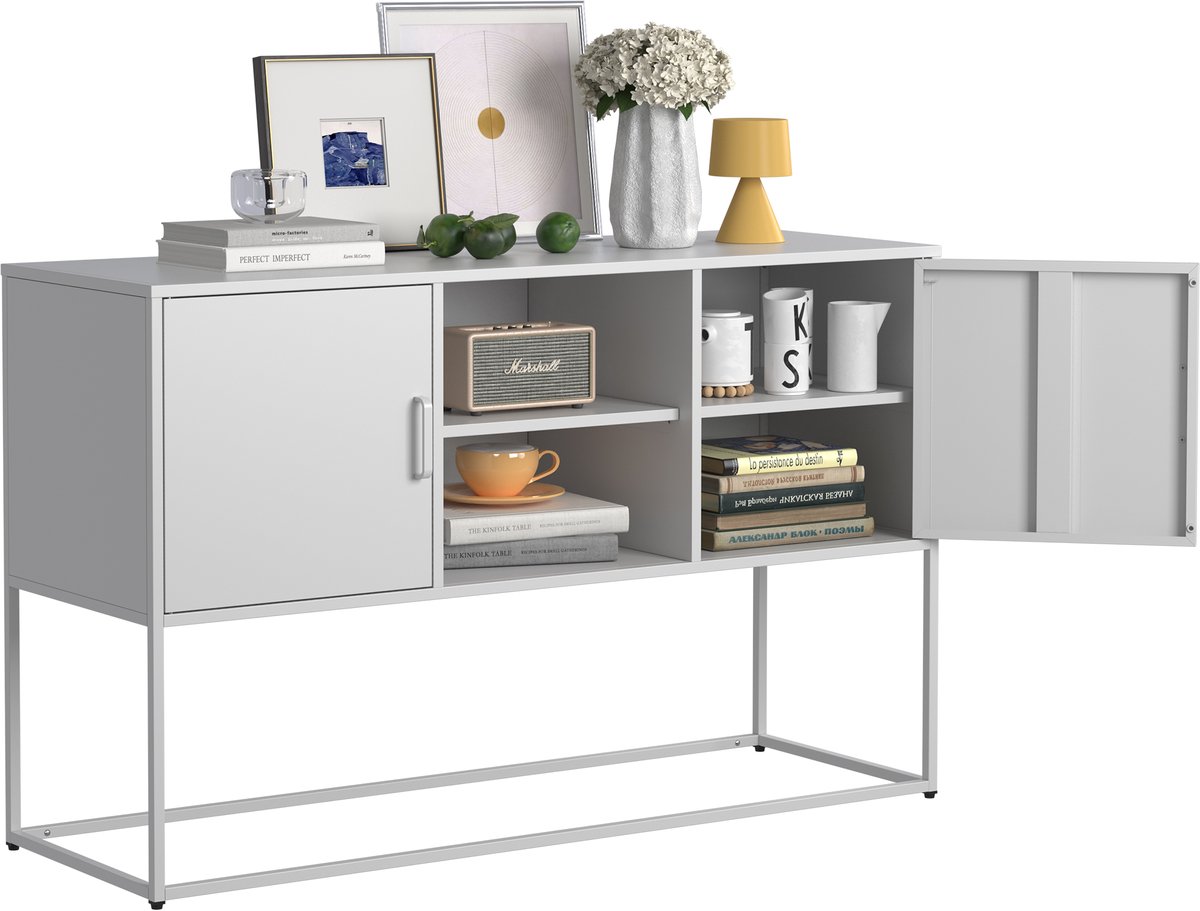 ECTEATOY® Commode - dressoir- Opbergkast met 6 Vakken - Buffetkast van Koudgewalst Staal - TV‑kast 120 x 40 x 75 cm - Wit