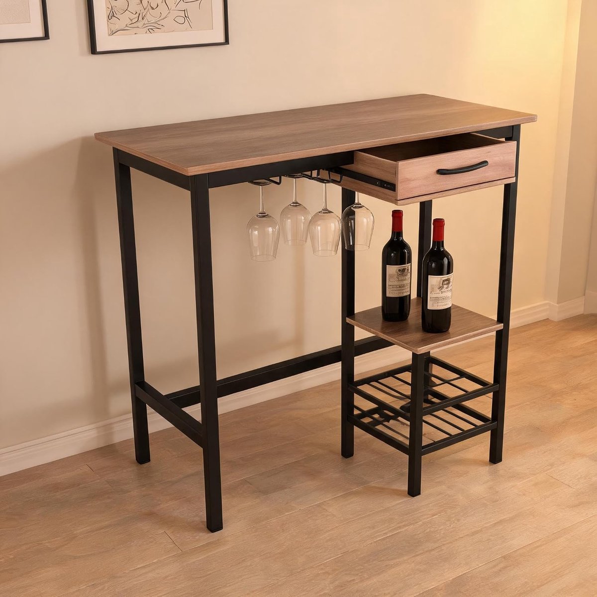 Hoge bartafel 100×40×90 cm, rechthoekig grijs eettafel, metaal‑hout, stoffen lade, houder voor wijnflessen & plank voor wijnglazen, voor keuken woonkamer eetkamer