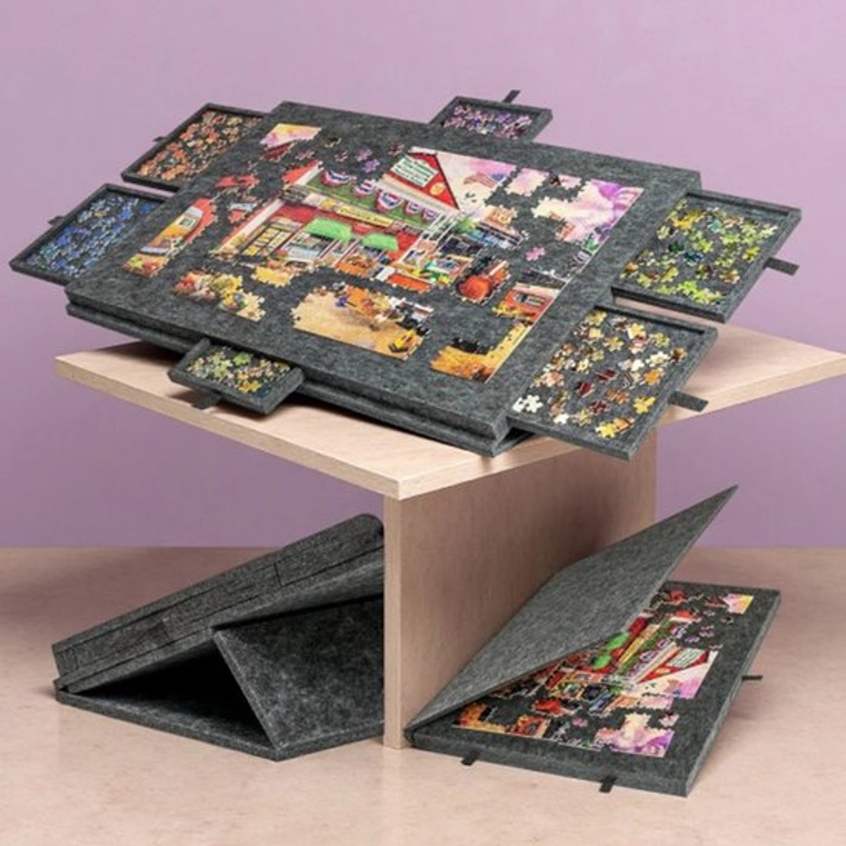 6-in-1 decoratief puzzelbord, kantelbaar puzzelbureau met beugelafdekking, opbergorganizer voor puzzels & knu