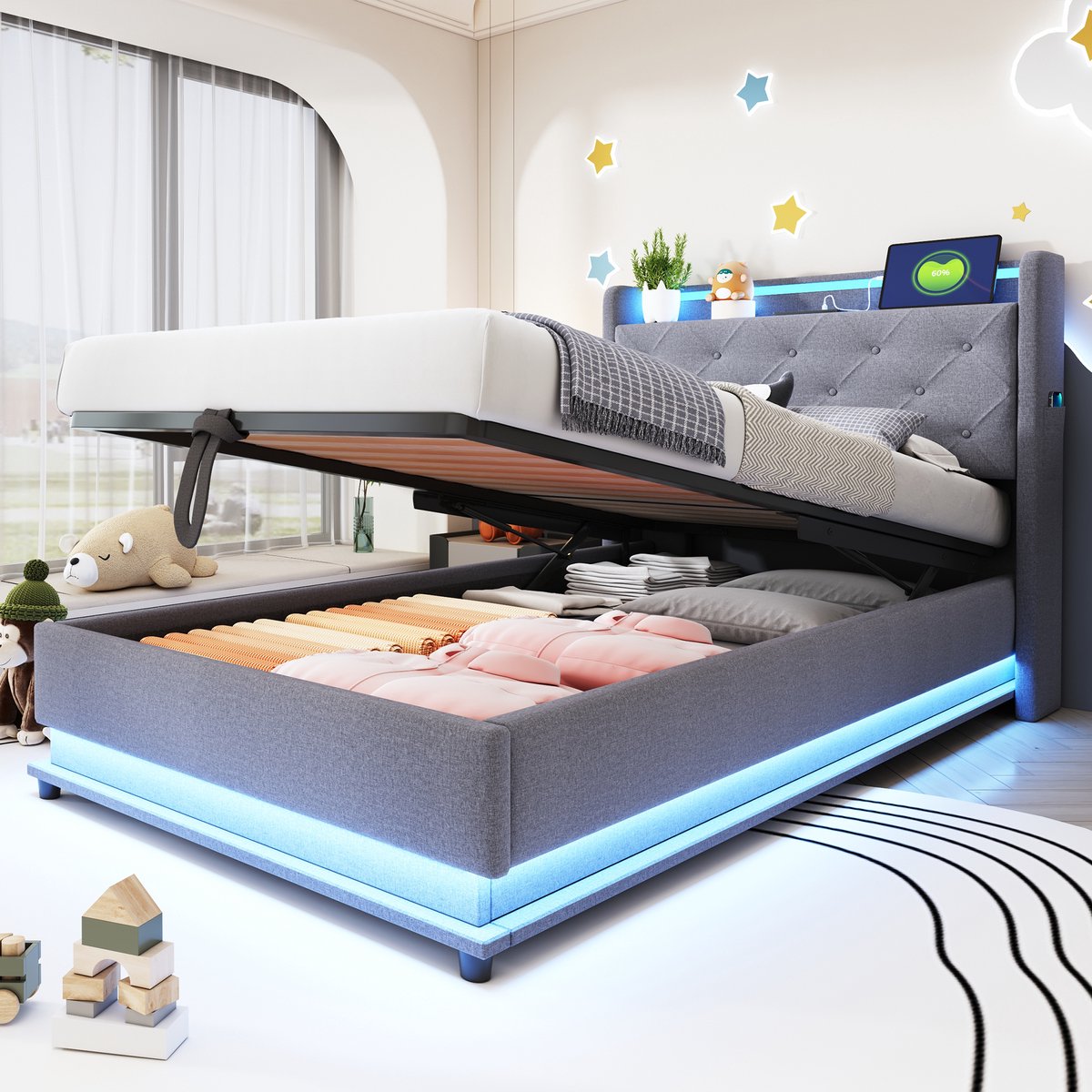 Kinderbed - voor matras 90 x 200 cm - grijs - met LED-verlichting en USB-aansluiting en opbergruimte - matras niet inbegrepen - voor de slaapkamer