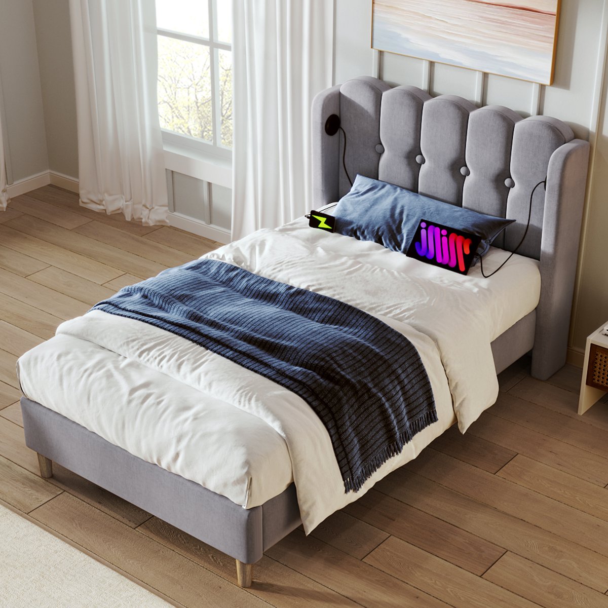 Gestoffeerd bedframe - voor matras 90 x 200 cm - grijs - met USB-aansluiting en lattenbodem - matras niet inbegrepen - voor de slaapkamer