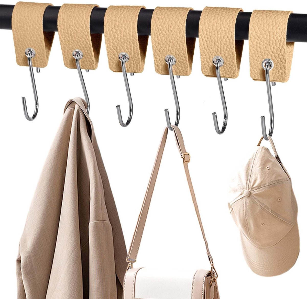 SolidKeus - 6 Stuks S-Haakjes met Leren Lus voor Kleding en Accessoires