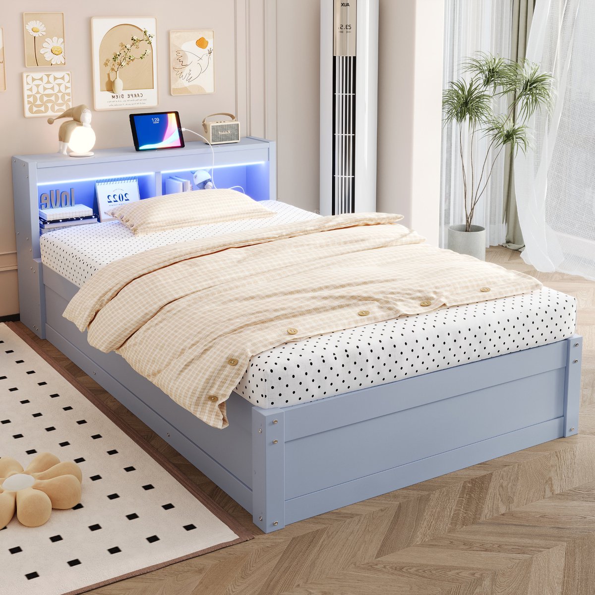 VVBV Bedbank 90x200 cm - Hydraulische Opbergruimte, Stopcontact, LED-Verlichting, Ruimtebesparend - Grijs, MDF