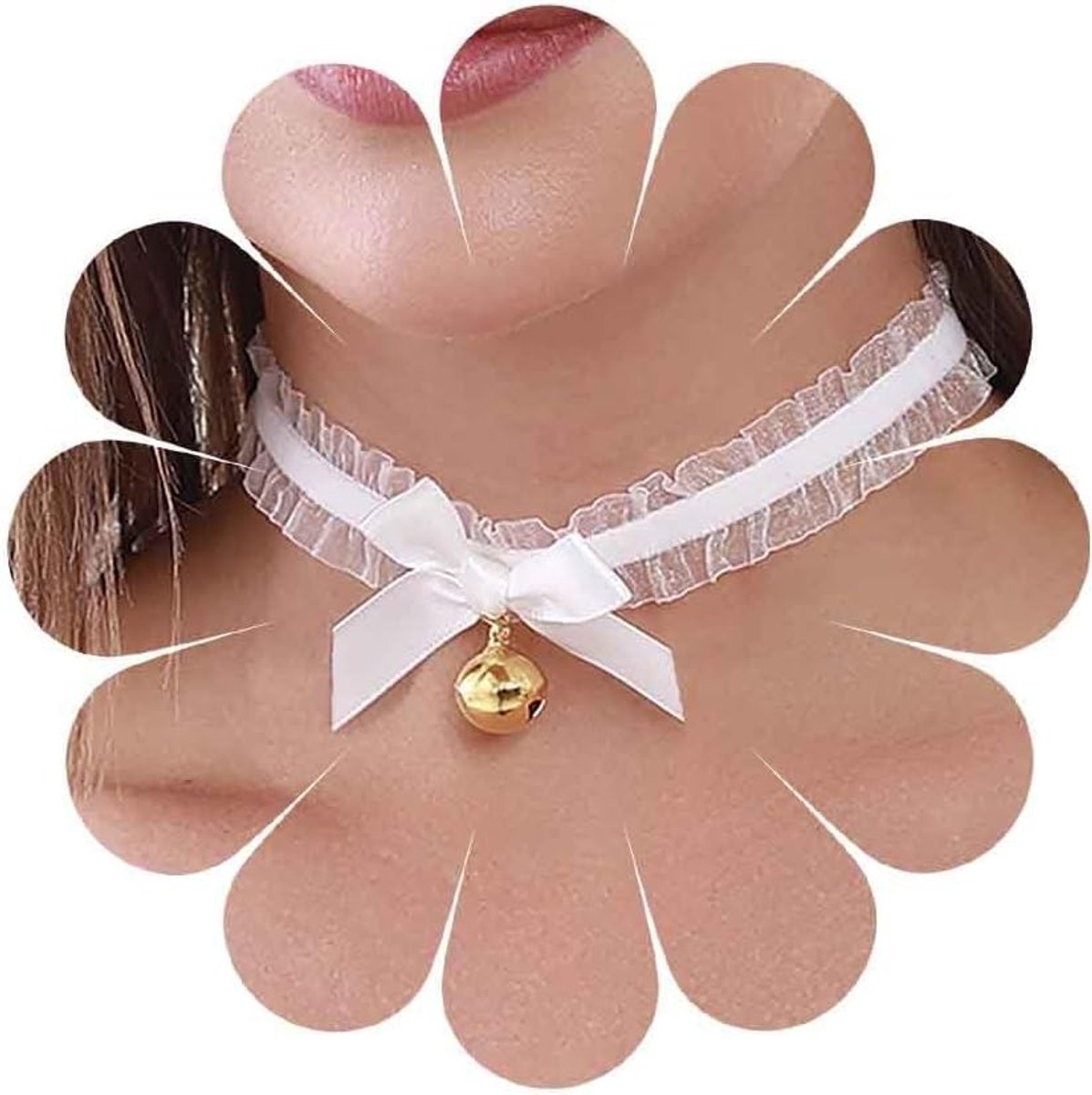 Zwart kanten halsketting met brede strikken en gouden bellen voor lolita cosplay en gothic stijl