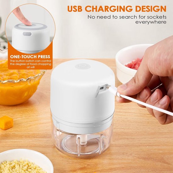Keuken Chopper - Mini Mixer - Snel Ingrediënten Snijden - Draadloos Oplaadbaar - 250ml - Wit — afbeelding 4