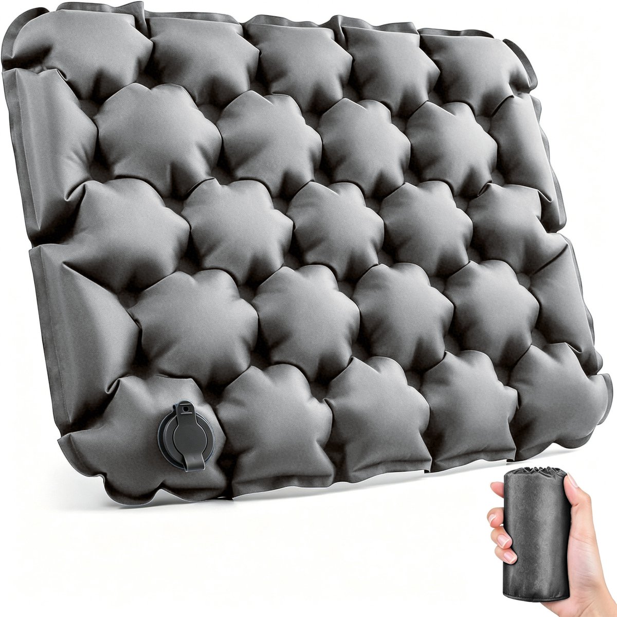Ultralichte Opblaasbare - Opblaasbaar Zitkussen voor Reizen -Opblaafbaar Zitkussen met Rondjespatroon – Lichtgewicht Luchtkussen voor Reizen, Vliegtuig, Stadion, Camping, Wandelen en Kantoor – 42 x 34 cm – Grijs