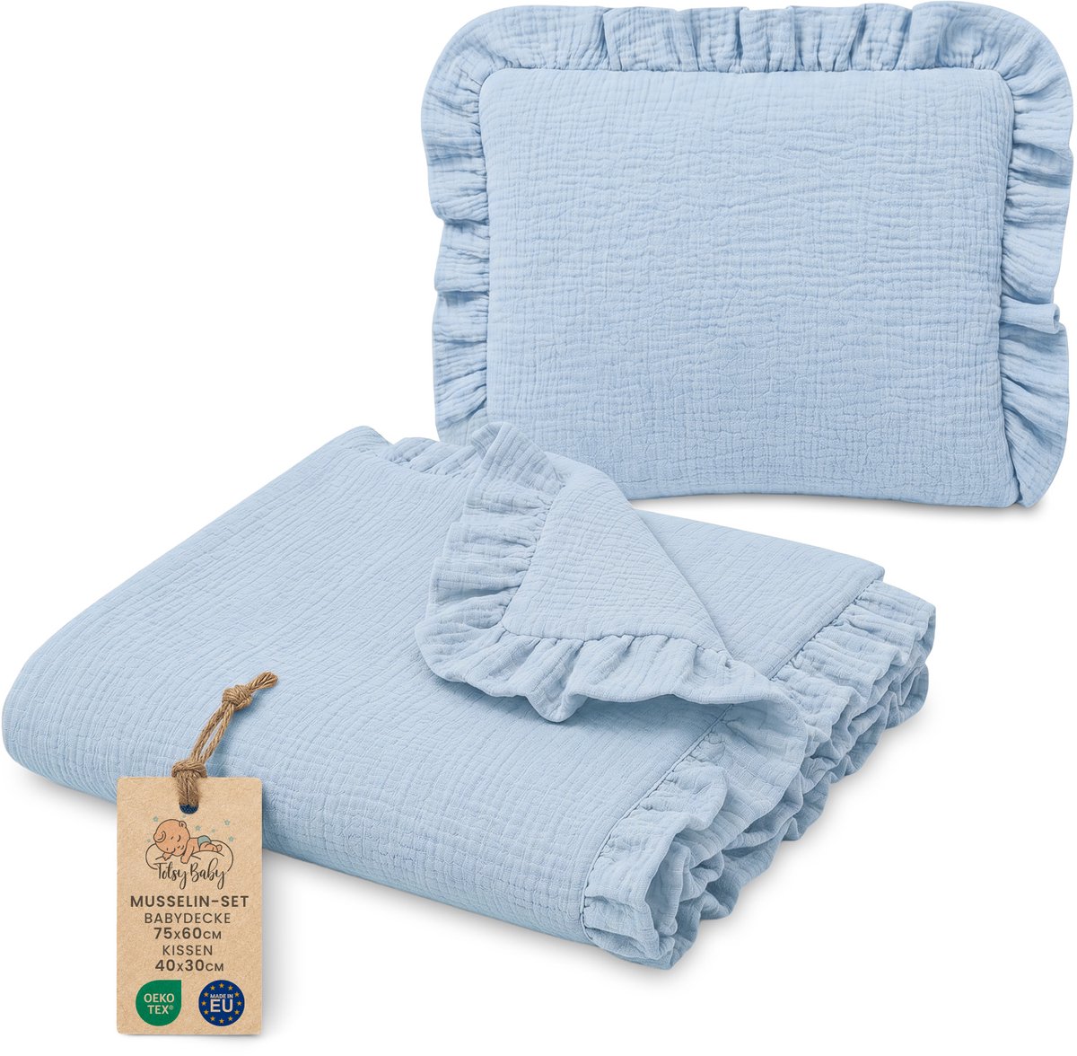 Katoenen Babydeken Set Set: Babydeken 75x60 cm + Kussen 40x30 cm Katoen Muslin voor Kinderwagen Wieg Ledikant Ademend met Ruches Lichtgewicht Zomerdeken Pasgeboren Hemelsblauw
