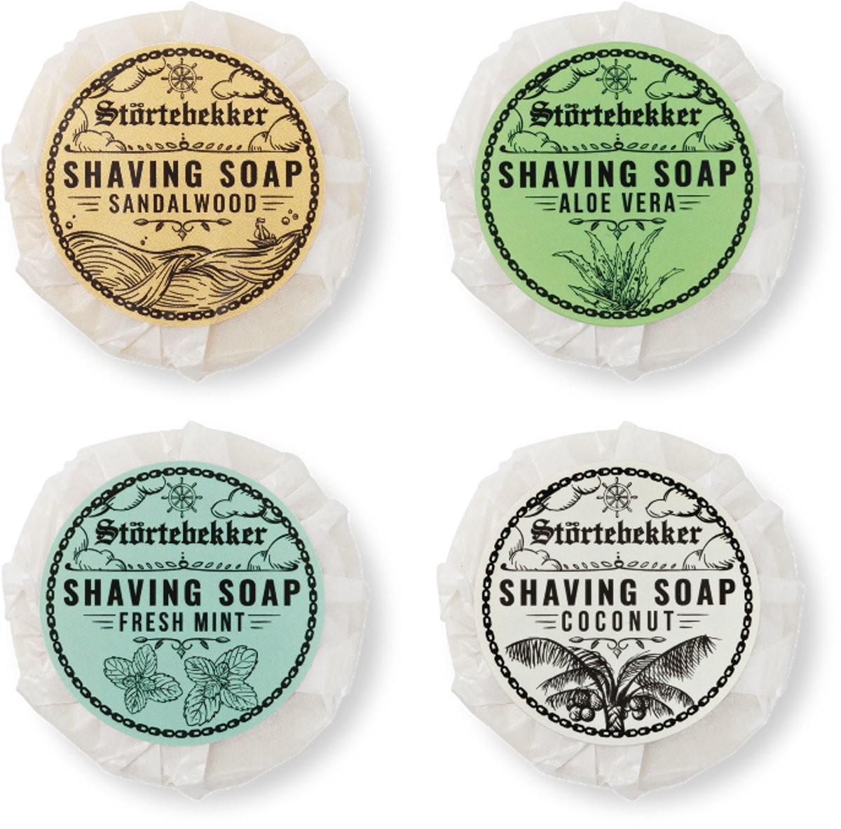 Störtebekker® Premium Scheerzeep Proefpakket - Shaving Soap Sampler Heren met 4 Geuren (Sandelhout, Fresh Mint, Kokos & Aloë Vera) - Romige, Rijke Schuim - Handgemaakt in Nederland - Plasticvrij Verpakt