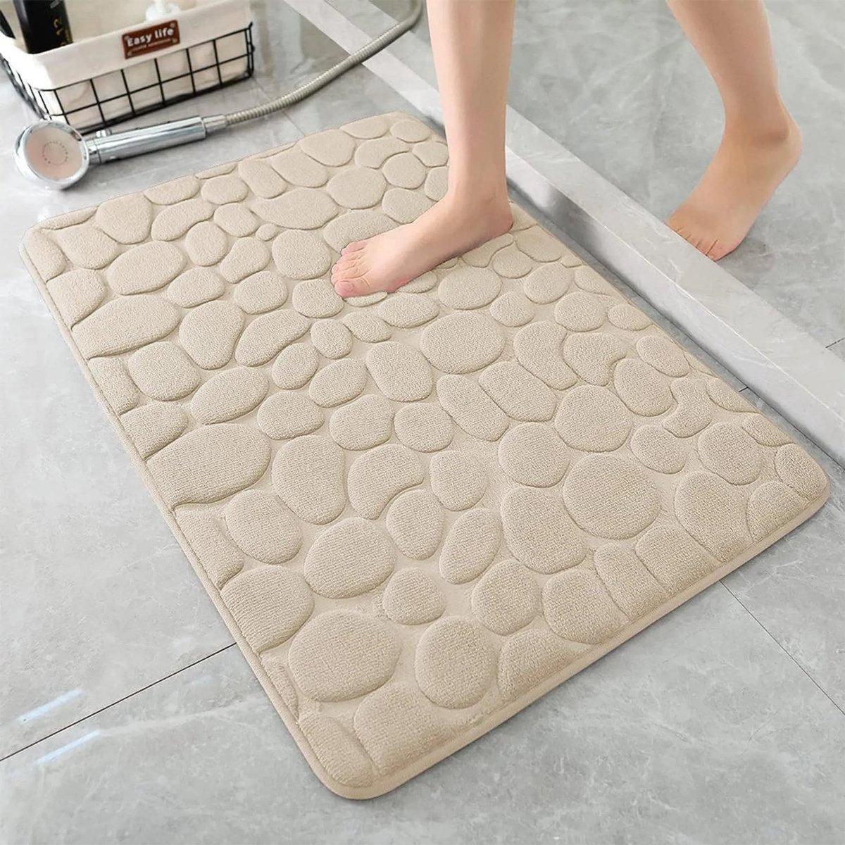 Casalora Badmat – Antislip – 50x80 cm – Zeer Absorberend & Sneldrogend – Memory Foam Zacht Badkamerkleed – Kiezelsteen Design – Khaki